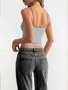 Vaiaye 女士时尚内衣风上衣，春夏条纹印花圆领修身休闲度假性感吊带背心，适合海滩度假和日常休闲穿着。 - 淺灰色 - 查看 2