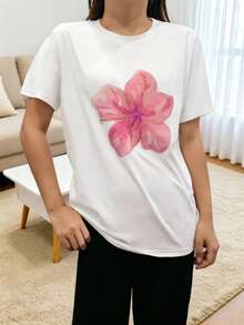 Women's Summer New Floral Print Round-Neck Short-Sleeve T-Shirt, Casual Loose Versatile Top, Fashionable Daily Wear White - White - View 2