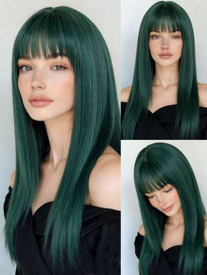 24 Inch Long Straight Green/Burgundy Wig, Fashionable And Natural Look, Heat Resistant Fiber, Wig For Women, Suitable For Daily And Party Wear