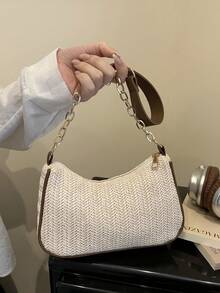 Fashionable Shell Pearl Straw Underarm Bag, Casual Versatile Commuter Bag, Unique High-End Shoulder Bag - White - View 11