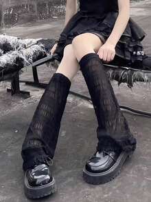 1 Pair Thin Leg Warmers + Chain Buckle, Women's Subculture Black Goth Lolita Flared Leg Leg Warmers, JK Thigh High Leg Warmers, Punk Mischievous Motorcycle Apocalyptic Y2K Subculture Stockings, Spring/Summer - Black - View 11