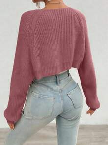 Women's Casual Solid Color Ribbed Knit Cardigan - Red Violet - View 2