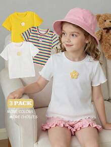 Set de 3 piezas de blusa floral de manga corta acanalada informal + camisa acanalada de color para niña joven - Amarillo - Ver 3