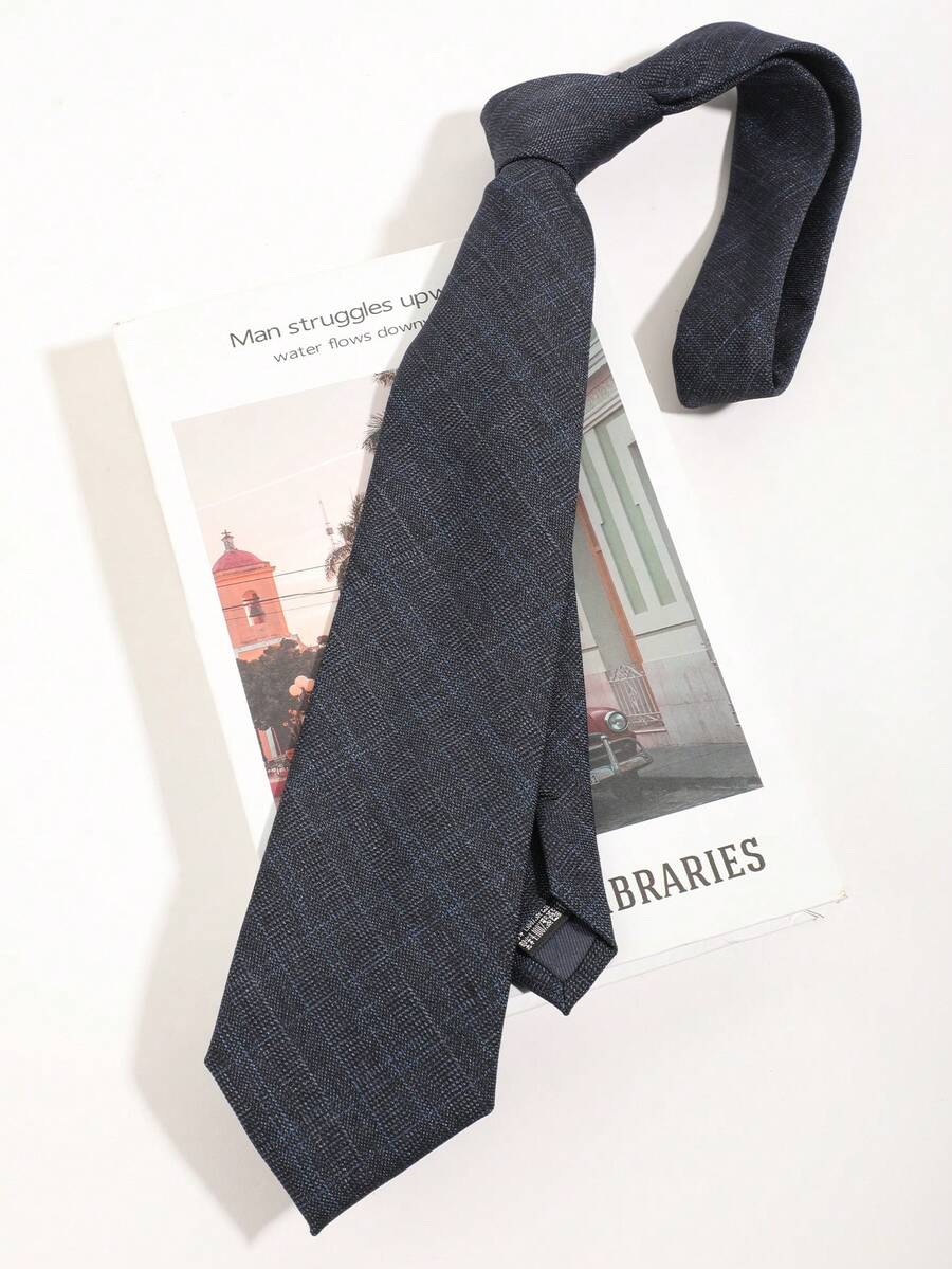 1pc Navy Blue Plaid Casual Versatile Polyester Comfortable Necktie - Multicolor - View 1