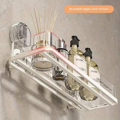 1个简易安装吸盘式浴室置物架 - 无需钻孔，加厚塑料和铝合金材质，壁挂式淋浴置物架，适用于浴室角落收纳