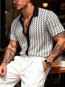 Men's Geometric Striped Contrast Color Hollow-Out Knitted Jacquard Fabric Casual Vacation Summer Short Sleeve Shirt - Black and White - View 2