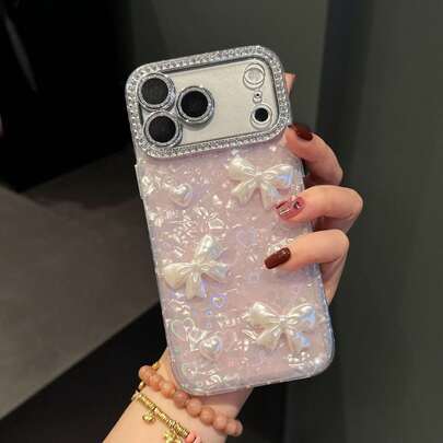 Laser Heart & Bow Tie Design Pink Phone Case For IPhone 17 Pro Max/17 Pro/17/16 Pro Max/16/16 Pro/16 Plus/15/15 Pro Max/15 Pro/15 Plus/11/12/13/14 Pro Max/11 Pro/11 Pro Max/12 Pro/12 Pro Max/13 Pro/13 Pro Max/14 Pro/14 Pro Max/14 Plus, Minimalist Creative Hard Shell