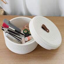 Panier de rangement tressé rond avec couvercle, panier de rangement décoratif multifonctionnel pour le bureau pour les collations, les serviettes, les plantes, les jouets, les cosmétiques, la décoration de la maison, un excellent cadeau pour les femmes à Pâques - Blanc - Voir 4