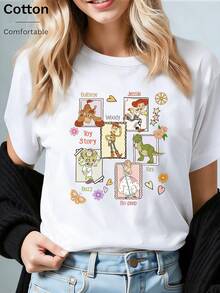 Disney Loose Edition Toy Story Retro Stamp Style Character Collection Printed T-Shirt, Suitable For Summer And Spring, Short Sleeved Tops, Women's Clothing, Holiday Gift Party Clothing. - trắng - Xem 1