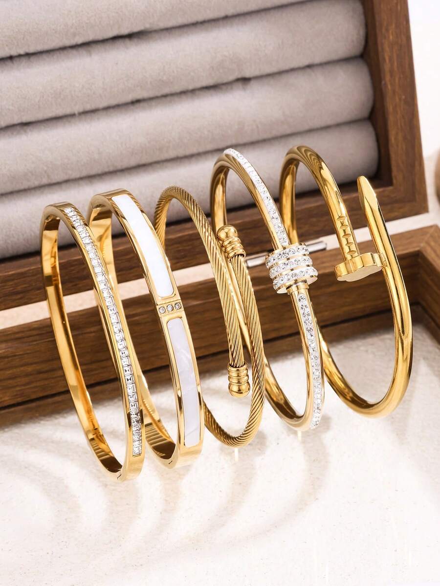 5pcs/Set New High-Quality Minimalist Elegant Luxury Bracelet, Women's Titanium Steel Material High-End Fashion Bracelet - Gold - View 1