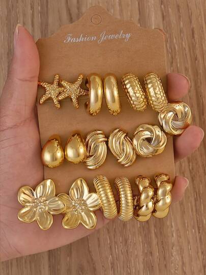 6/18 طقم أقراط ذهبية سميكة صلبة جديدة، تشمل نجمة البحر والحلقة الملتوية وزهرة ذات 5 بتلات وقطرة ماء على شكل C، أنيقة وعصرية، مناسبة للاستخدام اليومي والحفلات، هدية للأصدقاء والأمهات
