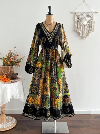 Rusttydustty Women's Yellow-Green Bohemian Style Vacation Floral Print V-Neck Long Sleeve Dress, Suitable For Music Festivals Spring