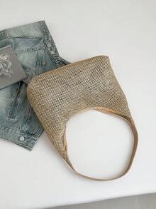 夏季女士编织手提包，时尚单肩手提包，适合通勤、海滩旅行，草编包 - 卡其色 - 查看 9