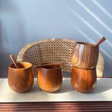 Natural Wood Cup & Spoon Set - 130ml Handcrafted Wooden Mug For Coffee, Tea, Milk, Ideal Gift - Random Color - View 8