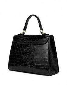 鳄鱼纹凯莉款手提包，配有顶部提手和可调节斜挎肩带，女士款 - 黑色 - 查看 9