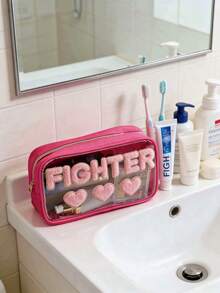 1pc Minimalist Mother's Day Embroidered Letter PVC Semi-Transparent Cosmetic Bag, Toiletry Pouch, Suitable For Travel, Holiday, Gift - Hot Pink - View 5