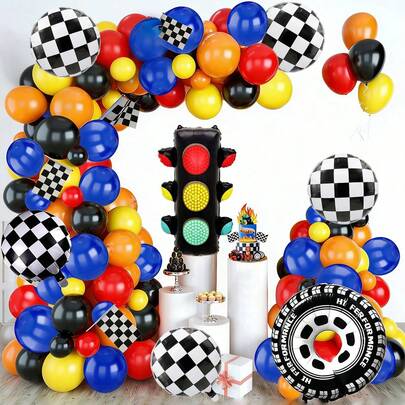 105pcs Racing Arch Balloon Set, Includes Checkered Balloons, Tire, Traffic Light Foil Balloons, Arch Kit, Suitable For Racing Theme, Birthday Party, Atmosphere Decoration, Indoor & Outdoor Decor, Celebration Supplies