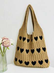 Heart Pattern Knitted Casual Daily Shoulder Bag, Fashionable Matching Crossbody Bag For Women - Multicolor - View 6
