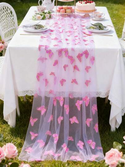 1pc Purple Pink Butterfly Mesh Table Runner, Party Tablecloth Kitchen Table Runner, Birthday Decoration Birthday Table Flag, Birthday Party Supplies, Wedding Decoration Wedding Table Cover, Bridal Shower, Table Cover, Baby Shower Decor, Banquet Decoration,Wedding Arch Fabric, Butterfly Decor
