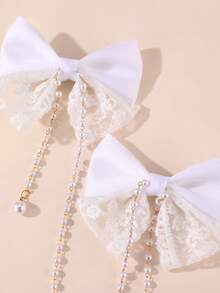 1件装女士时尚优雅白色蕾丝蝴蝶结绒球珍珠链蝴蝶发夹，适合派对、聚会、户外活动佩戴，爪夹式发夹 - 白色 - 查看 4