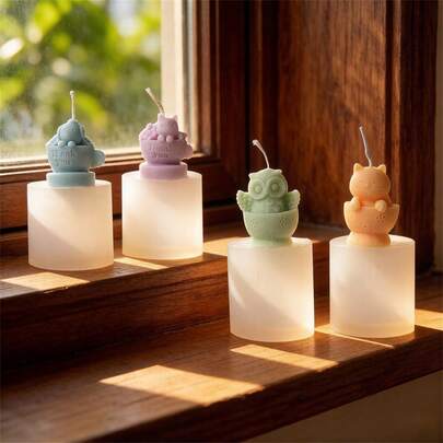 4款动物茶杯硅胶蜡烛模具，3D可爱猫狗猫头鹰蜡烛制作模具，适用于DIY手工、家居装饰、生日礼物