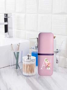 Pink Portable Travel Toothbrush Cup, Haitang Flower Letter A-Z Pattern, Mouthwash Cup, Household Bathroom Storage, Mouthwash Cup, Travel Toothbrush Box, Makeup Brush Storage Box, Multifunctional Toothbrush Cup, Alcohol Free, Plastic Material, Compact Design, Very Suitable For Oral Care Anytime, Anywhere. Outdoor Business Travel Supplies Box, Suitable For Travel, Camping, Business Trips, And School, Essential For Outdoor Travel - Multicolor - View 4