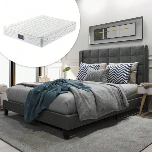 Upholstered Double Bed With Padded Headboard, 140x200cm, In Grey Linen, Medium Firmness (With Spring Mattress) - Grey - View 1