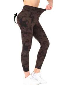 Women's High Waisted Yoga Sports Leggings, Fashionable Women's Sports Leggings, Sports Pants. Back Waist Pocket Design, Sporty Tie Dye High Waisted Sports Leggings, Suitable For Yoga Women's Pants - Màu nâu  Mocha - Xem 3