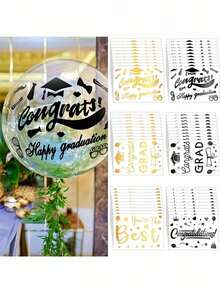Graduation Balloon Stickers, Graduation Party Decoration Transfer Film Stickers, Self-Adhesive "Congratulations On Graduation" Gold And Black Text, Graduation Cap, Diploma, And Heart-Shaped Decorative Stickers. Suitable For DIY Party Decorations. - View 1