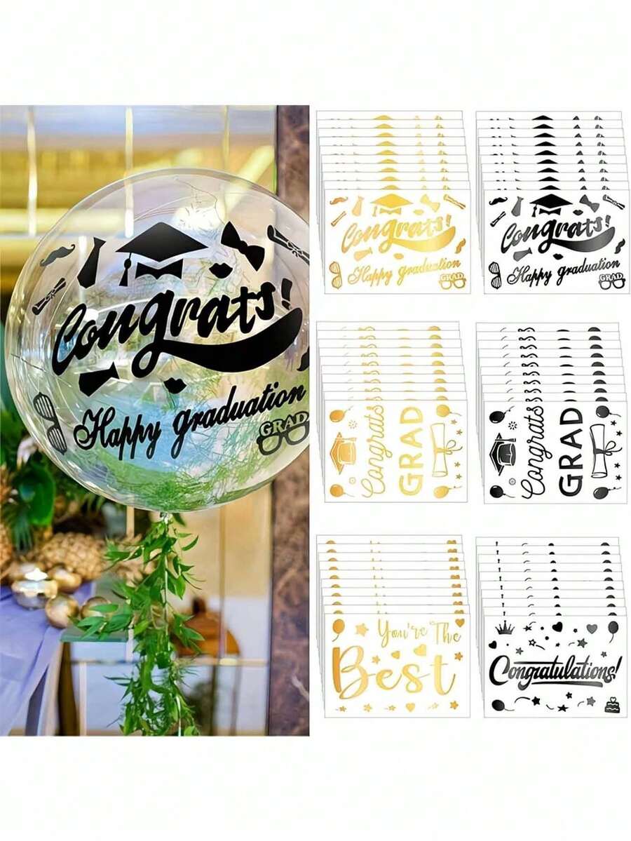 Graduation Balloon Stickers, Graduation Party Decoration Transfer Film Stickers, Self-Adhesive "Congratulations On Graduation" Gold And Black Text, Graduation Cap, Diploma, And Heart-Shaped Decorative Stickers. Suitable For DIY Party Decorations. - View 1