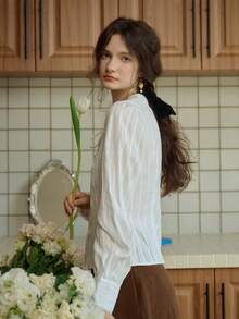 Women's Rayon Peter Pan Collar Long Sleeve Blouse With Tie Detail, Regular Length Top - White - View 4