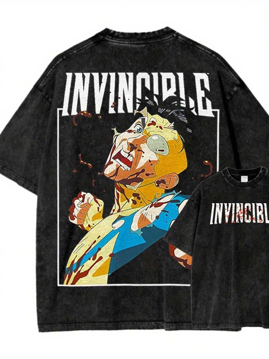A Men's Washed Streetwear Brand Has Launched An Oversized T-Shirt Featuring Invincible Comic Character Designs And Text.This Casual Outfit Is An Ideal Choice For Everyday Wear, Featuring Prints On Both The Front And Back.It Is A Vintage Heavyweight T-Shirt.Valentine's Day - 黑色 - 查看 1