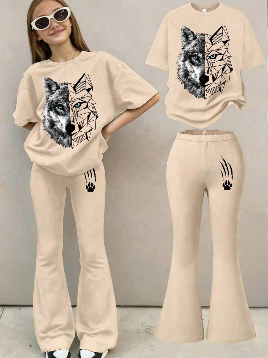 1 Conjunto de ropa para niña preadolescente, que incluye una camiseta de cuello redondo color albaricoque y pantalones acampanados a juego, con estampado gráfico creativo de cabeza de lobo - Albaricoque - View 1