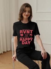 新款夏季 Z 世代 Y2K 风格女式趣味红色英文印花圆领短袖 T 恤 - 黑色 - 查看 2