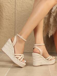 Women's Platform Wedge Sandals, Bohemian Buckle Criss-Cross Strap, Vacation - Apricot - View 3