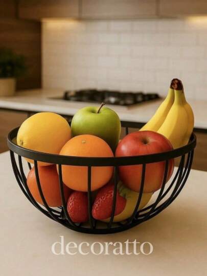 Fruteira de Mesa Cesto de Frutas Metal Aramado Redondo com Fundo de Madeira e Pé