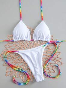 Two-Tone Patchwork Thong Bikini Set, Beach Vacation Party Swimwear - Mix - View 3