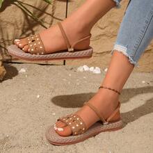 少女时尚简约新款平底凉鞋，软底轻便夏季百搭沙滩拖鞋 - 棕色 - 查看 2