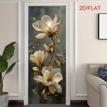 1/2 pièce Autocollant de porte, décoration de porte auto-adhésive et amovible, art floral de magnolia, ornement de feuille d'or, design floral élégant, autocollant mural, décoration de maison, salon, chambre à coucher, entrée, facile à appliquer et à décoller, plat 2D. - Style 1 - Voir 1