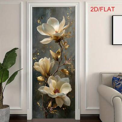 1/2pcs Door Sticker, Self-Adhesive And Removable Door Decoration, Magnolia Flower Art, Gold Leaf Embellishment, Elegant Floral Design, Wall Sticker, Home Decoration, Living Room, Bedroom, Entryway, Easy To Apply And Peel Off, 2D Flat.