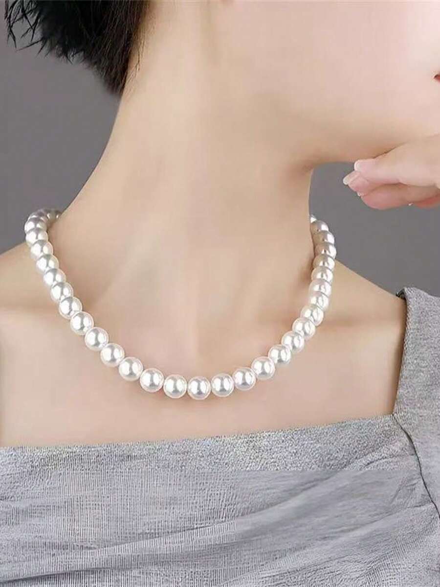 1pc French Luxury Faux Pearl Necklace, Elegant Versatile Choker Necklace, Fashion Layered Sweater Chain Accessory - Multicolor - View 1