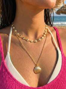 2pcs/Set Ocean Series Double-Layer Shell Pendant Necklace, Suitable For Vacation Wear And Holiday Gifts - Gold - View 3
