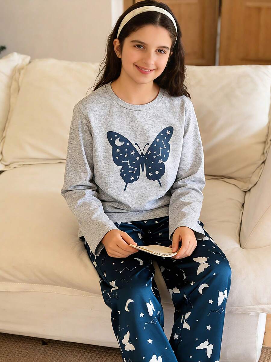 This Fashionable And Casual Home Decor Set Is Designed For Girls In Spring And Autumn, Including An Elegant Gray Long-Sleeve Top With Butterfly And Star Prints, And Girls' Pants Decorated With The Big Dipper And Butterfly Patterns. The Multi-Functional And Comfortable Fabric Is Suitable For Casual And Home Wear. - Grey - View 1