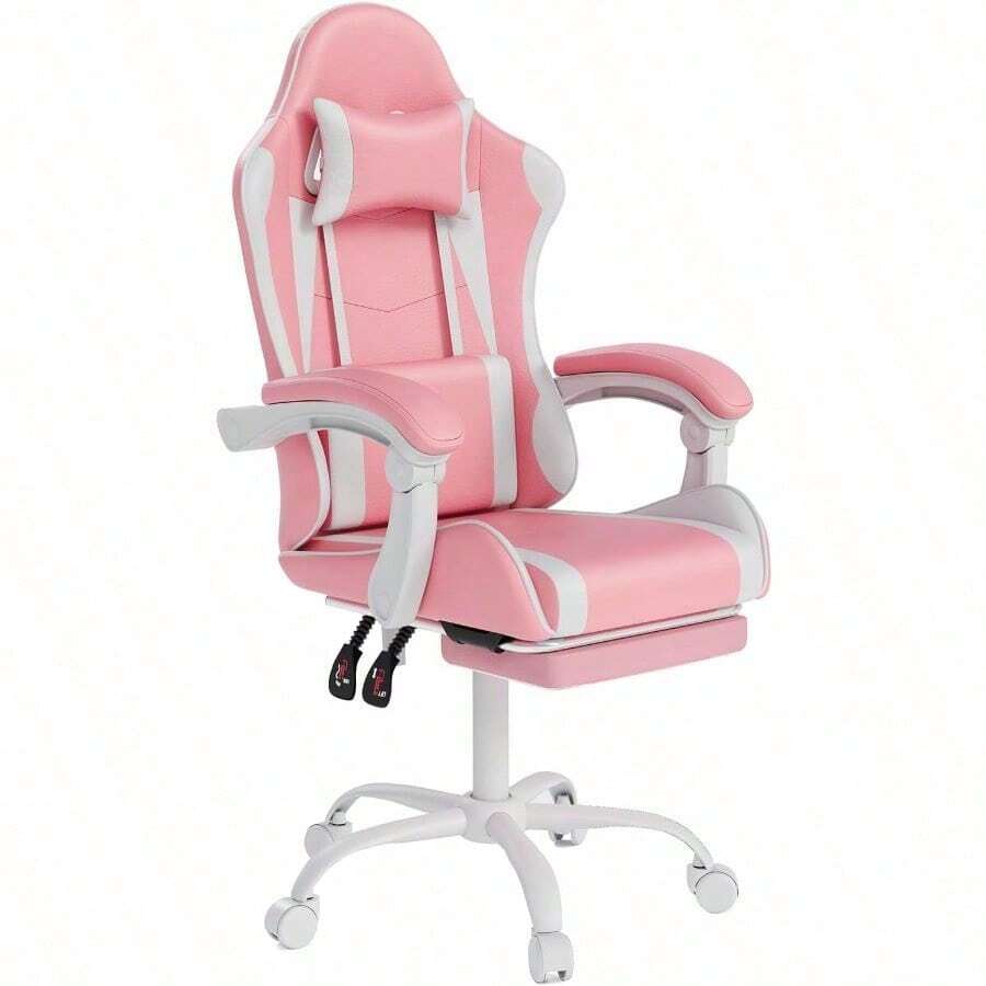 Gaming Chair With Headrest And Lumbar Support, Ergonomic High Back Office Chair, Racing Style Executive Computer Desk Chair, Leather Adjustable Swivel Task Chair For Home Office (White) - Pink White - View 1
