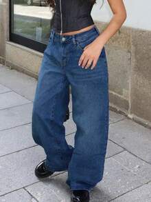 Women's High Waist Casual Y2k Streetwear Baggy Distressed Vintage Washed Wide Leg Jeans - Rửa tối - Xem 6