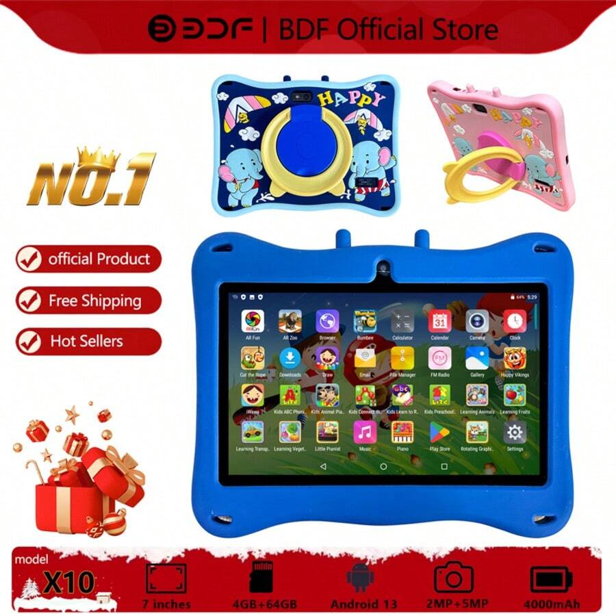 Máy tính bảng trẻ em 7 inch, RAM 4GB + ROM 64GB / Bộ xử lý 4 nhân 1.3GHz / Android 13 MTK8321 / Màn hình IPS độ phân giải cao 1280x800 / Camera 2MP+5MP / Pin dung lượng lớn 4000mAh / Hỗ trợ WiFi, trò chơi giáo dục và kiểm soát của phụ huynh / Sử dụng nhựa ABS + Silicone BDF X1 (Bao gồm: Hộp đựng/Cáp dữ liệu/Sách hướng dẫn/OTG/Kim chọc thẻ) - Nhiều màu - Xem 1