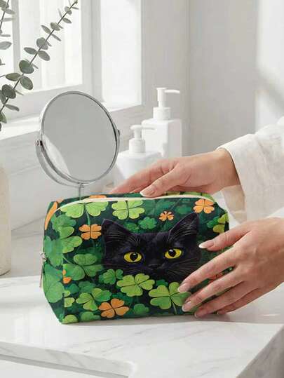 St. Patrick's Day Funny Pattern Double-Sided Printed Diamond Grid Octagon Cosmetic Bag, Multifunctional Handbag - Suitable For Girls' Portable Toiletries, Zipper Storage Bag For Women's Cosmetics And Travel Essentials