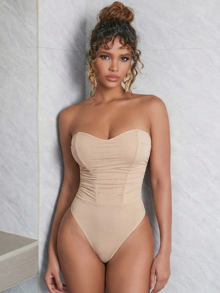 Apperloth A Tuta estiva affascinante e romantica con patch in rete blu, volant e decorazione a lisca di pesce, senza schienale - Albicocca - Visualizzare 1