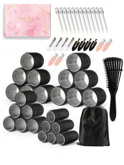 50pcs Self-Adhesive Hair Curling Roller & Clip Set With 24 Hair Curlers Self Grip Holding Rollers And 24Duckbill Clips Hair Rollers With Hair Roller Clips And 1pc Gift Box,1pccn Massage Comb Salon Hairdressing Curlers,DIY Hair Styles