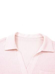 Acelitt Cute Light Pink High Collar Pocket Striped Casual Short Sleeve T-Shirt, Summer - Pink - View 8
